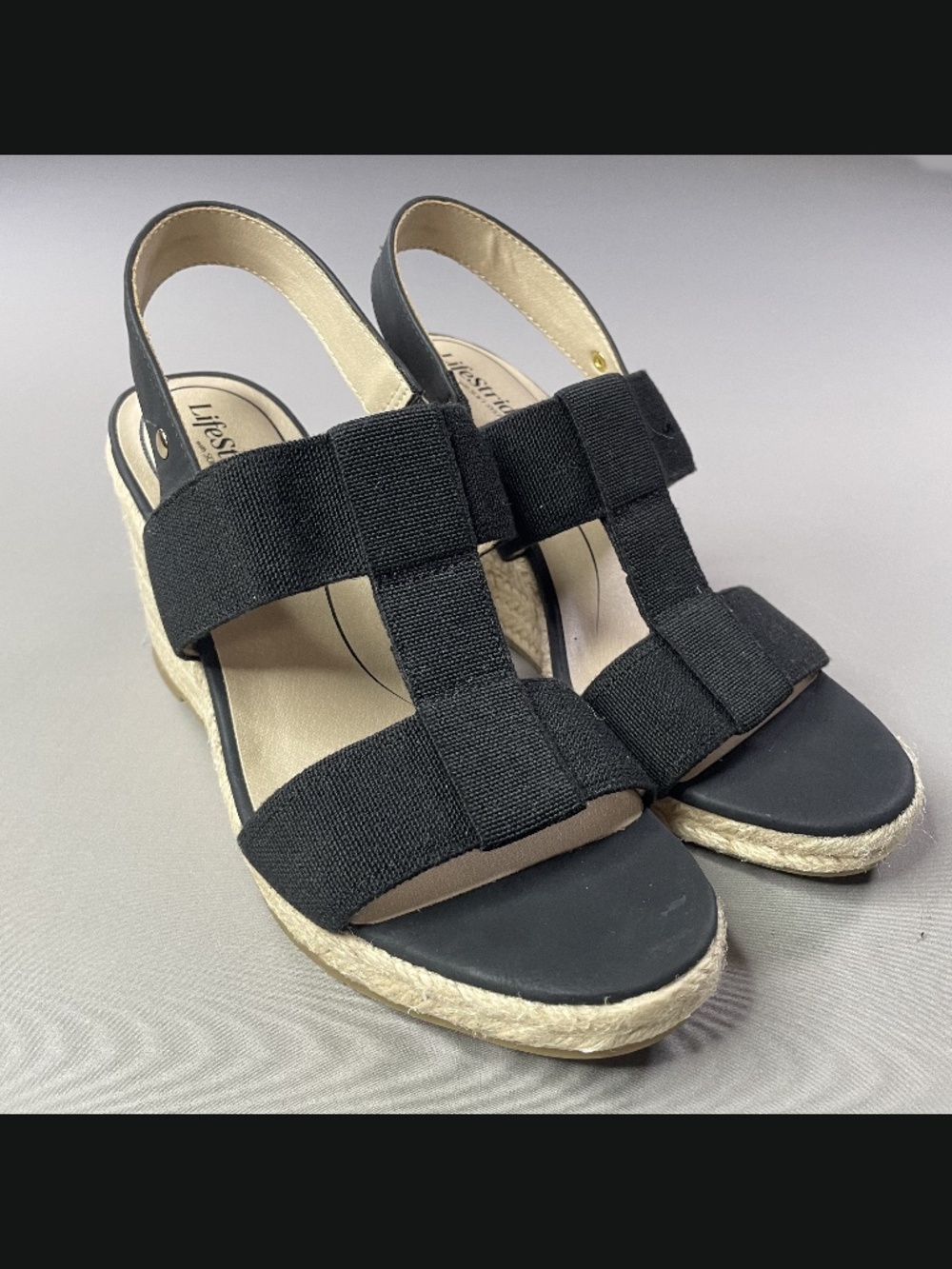NEW Life Stride Shoes Womens 9.5 black brown jute wedge sandals heels summer